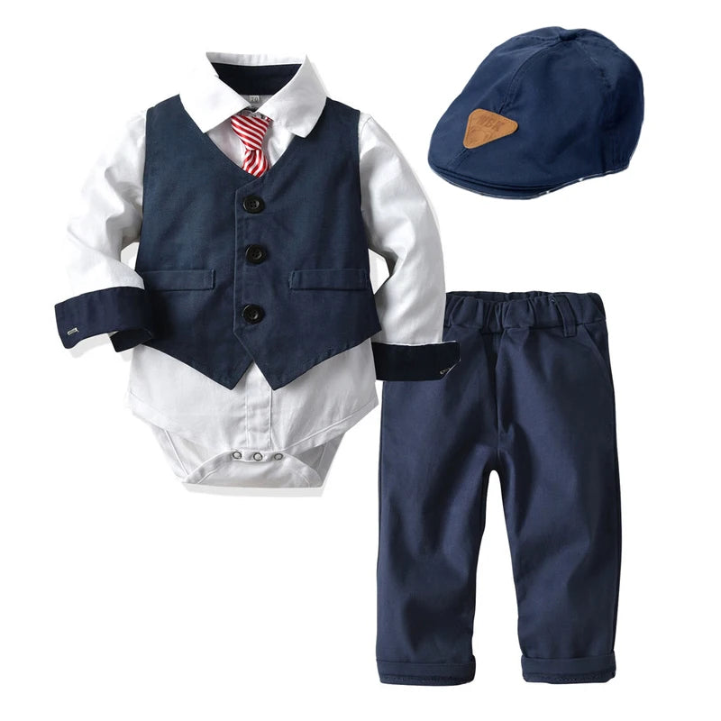 Baby Boy Formal Romper, Vest & Hat Set