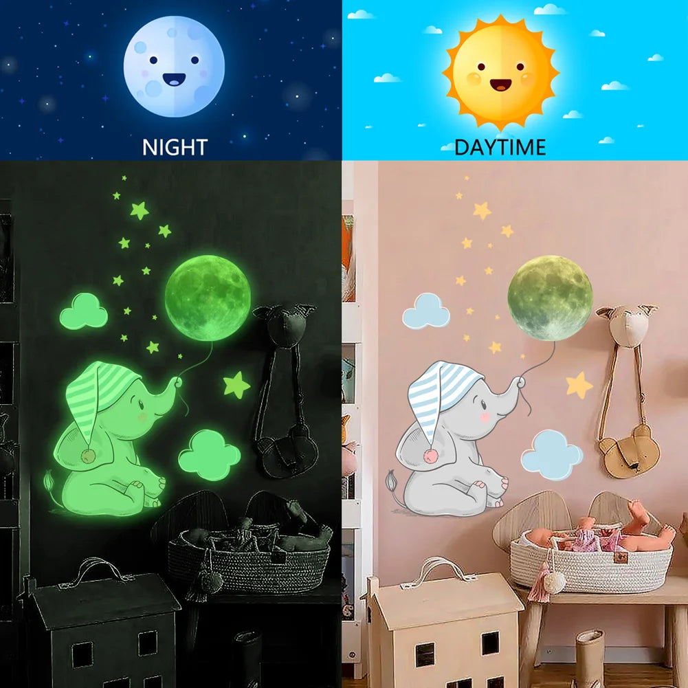 🌙 Glow in the Dark Elephant & Moon Wall Stickers