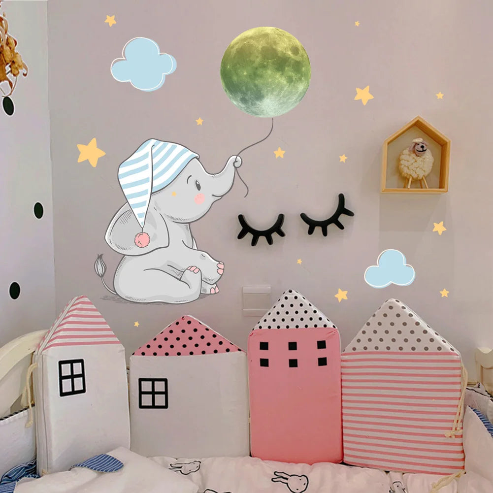 🌙 Glow in the Dark Elephant & Moon Wall Stickers