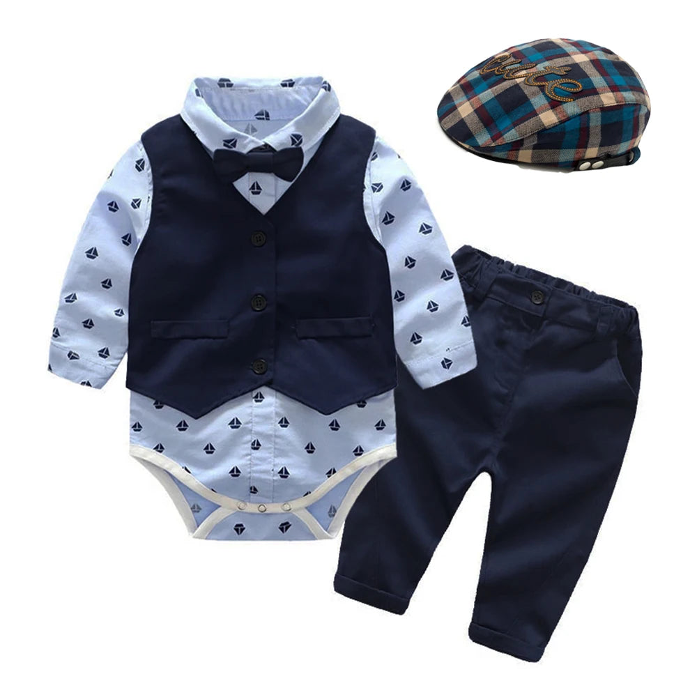Baby Boy Formal Romper, Vest & Hat Set