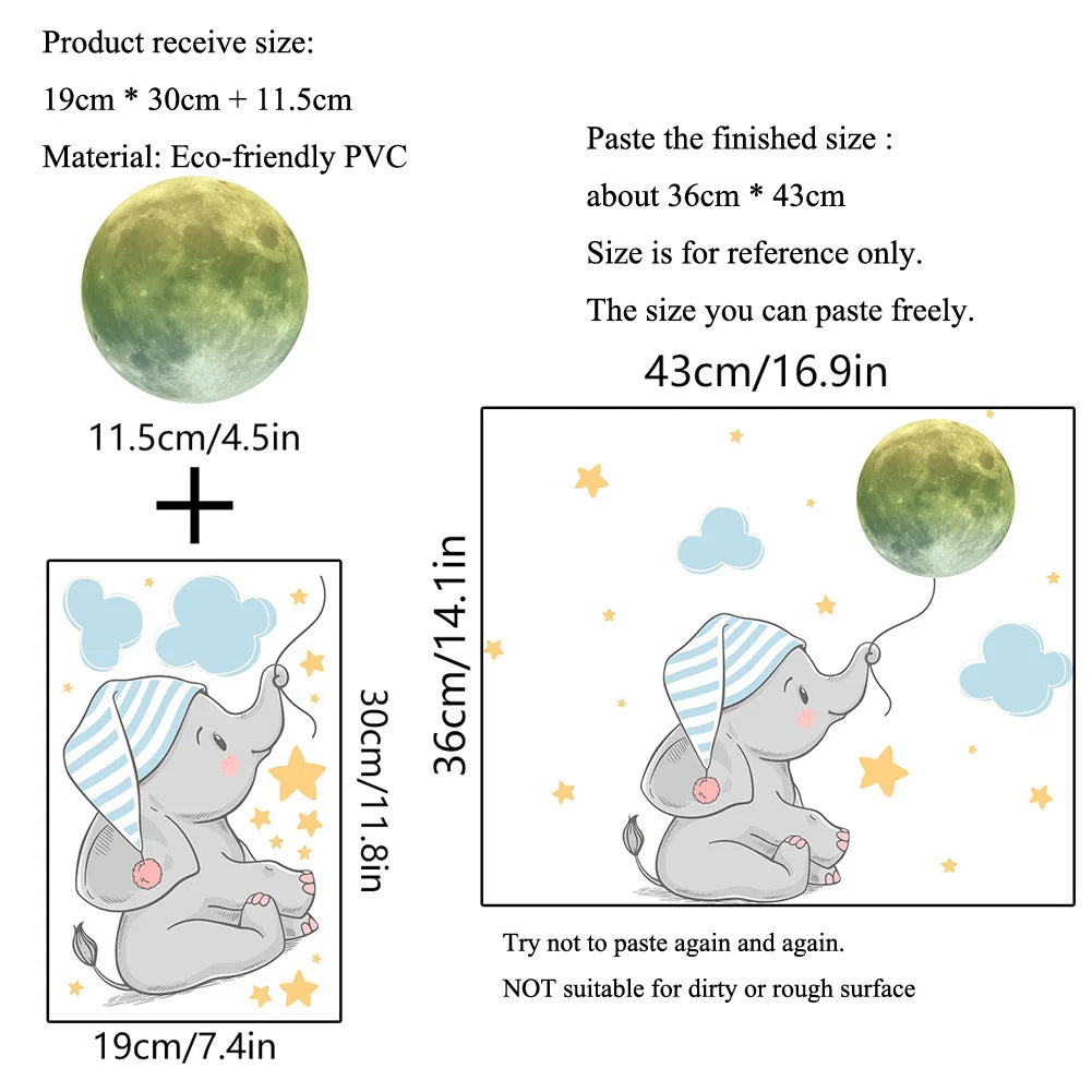 🌙 Glow in the Dark Elephant & Moon Wall Stickers