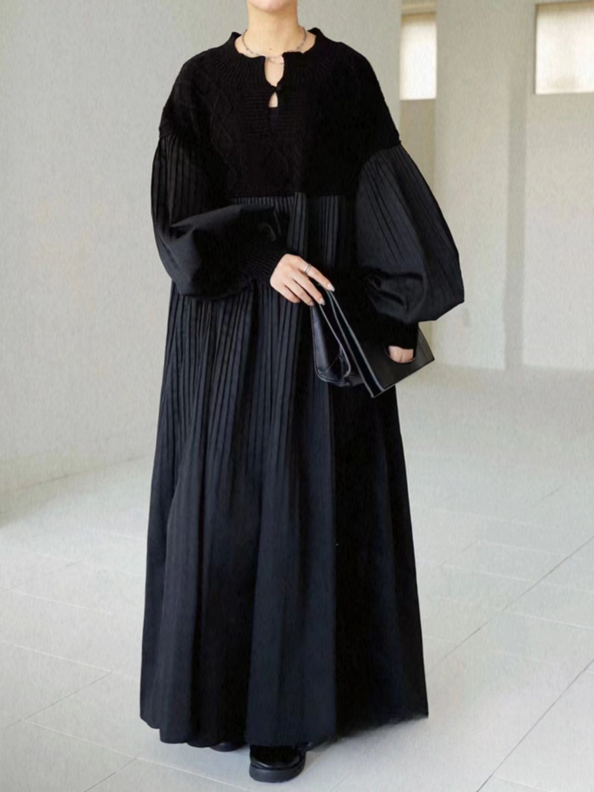Pleated Diamond Knit Long Dress