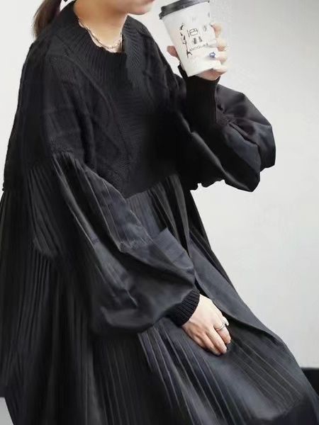 Pleated Diamond Knit Long Dress