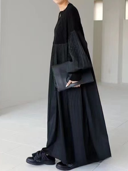 Pleated Diamond Knit Long Dress