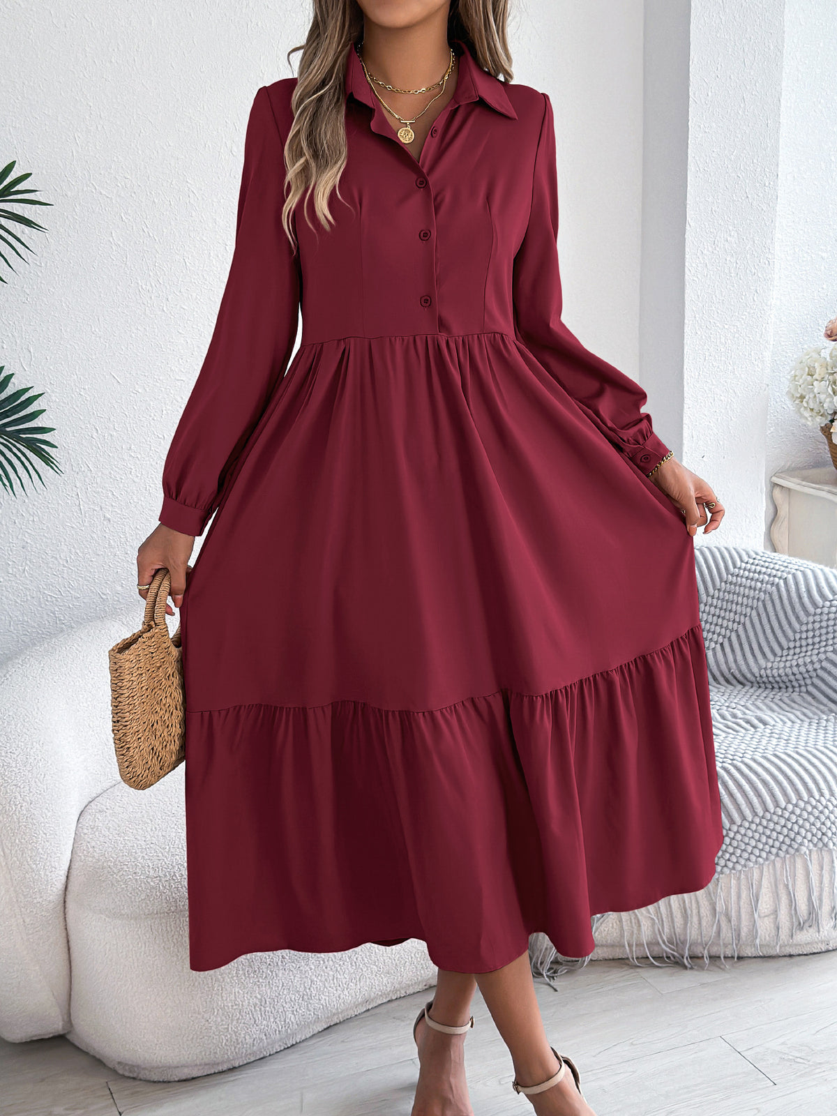 Loose Ruffled Long Sleeve Shirt Dress