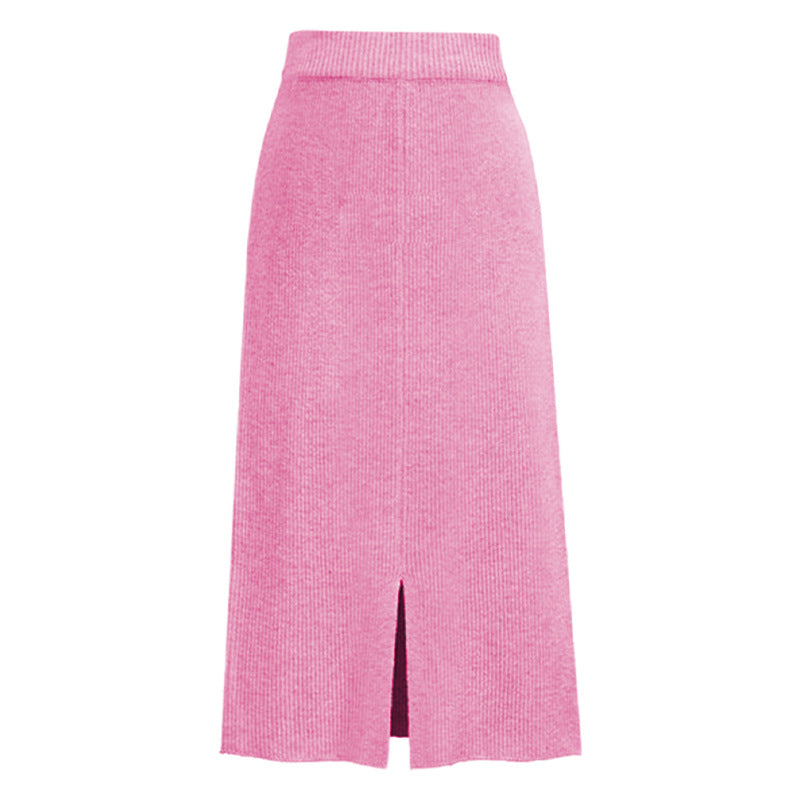 Red Wool Slit Long Skirt