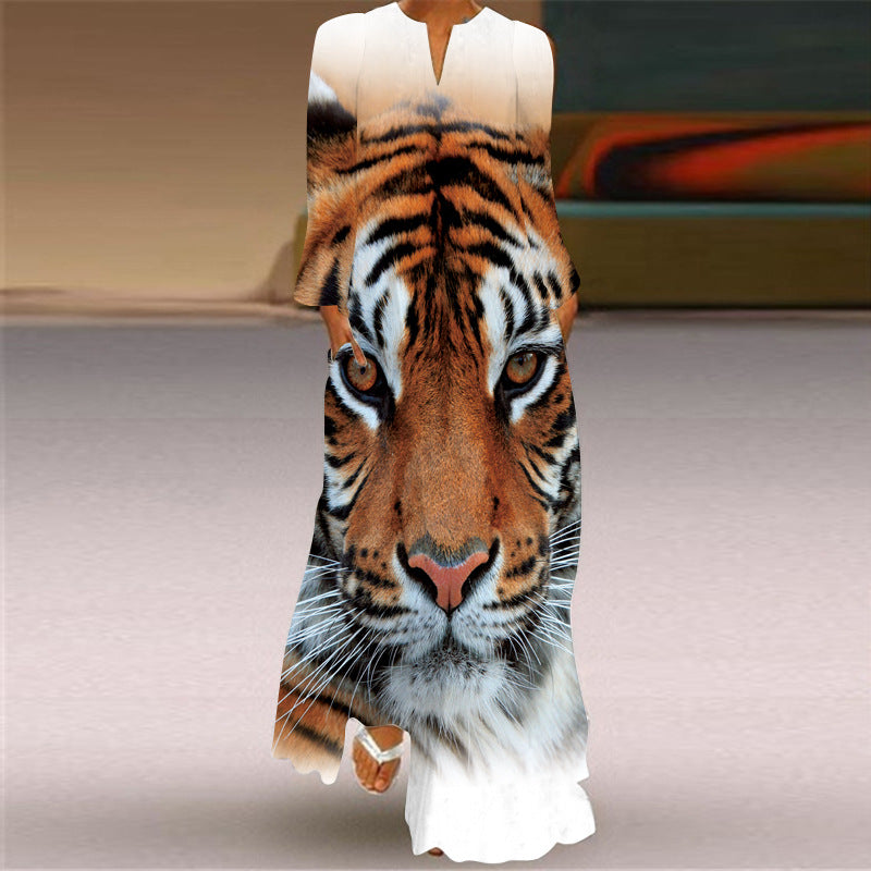 V-Neck Printed Long Dress with Pockets
