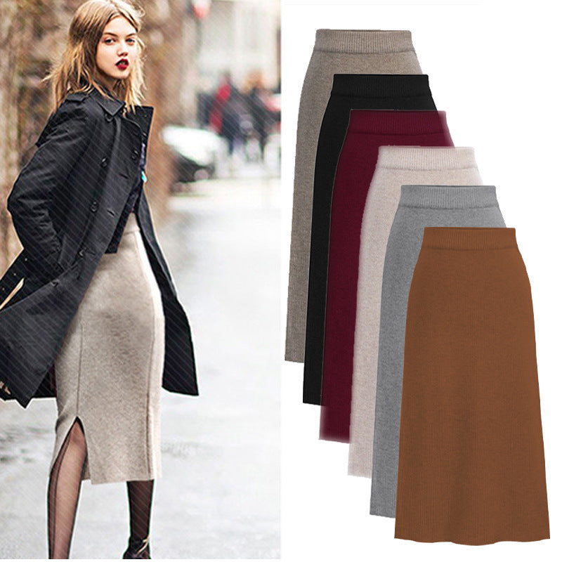 Red Wool Slit Long Skirt