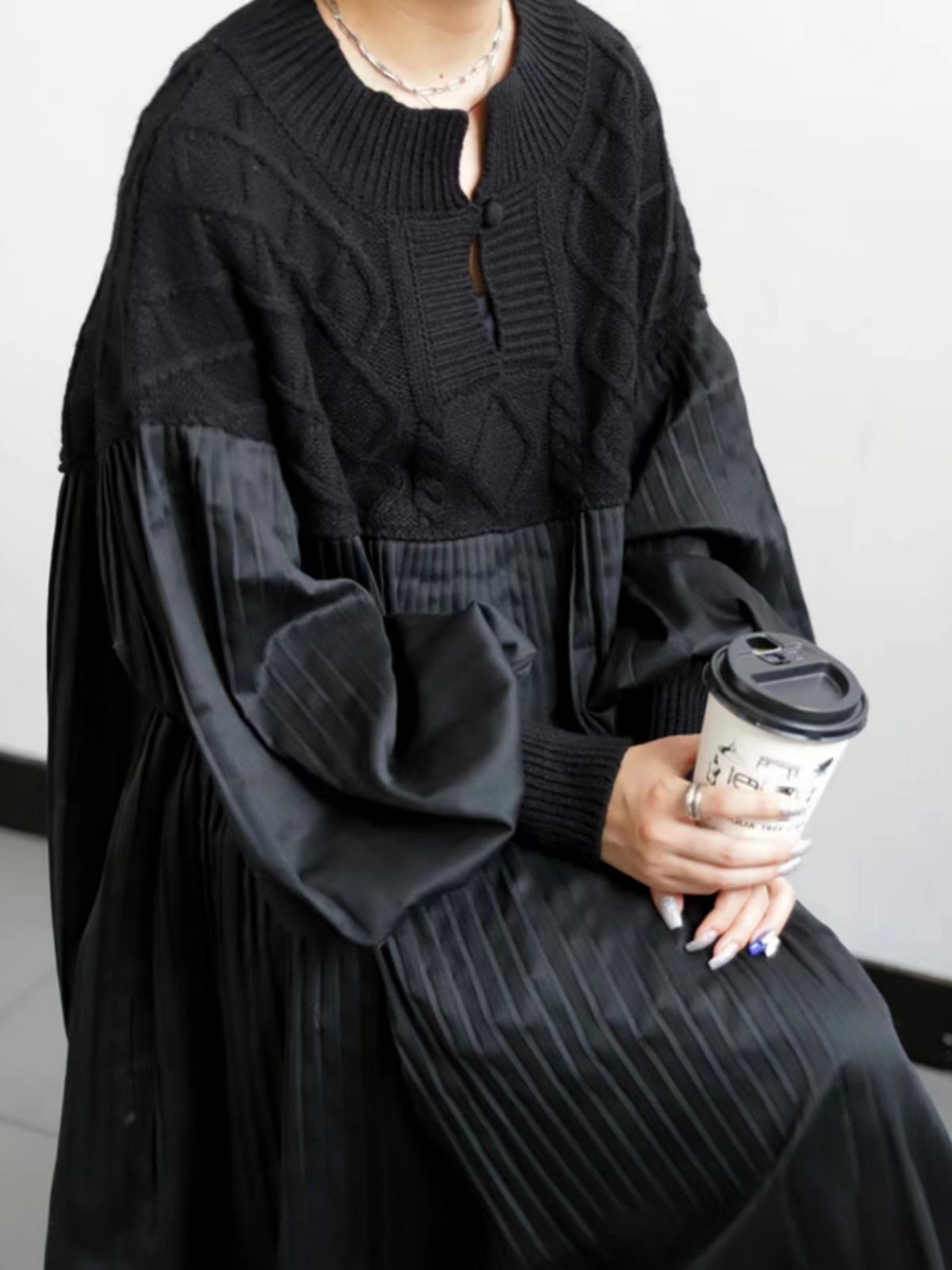 Pleated Diamond Knit Long Dress