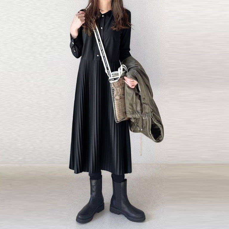Collared Pleated Patchwork Shirt Dress
