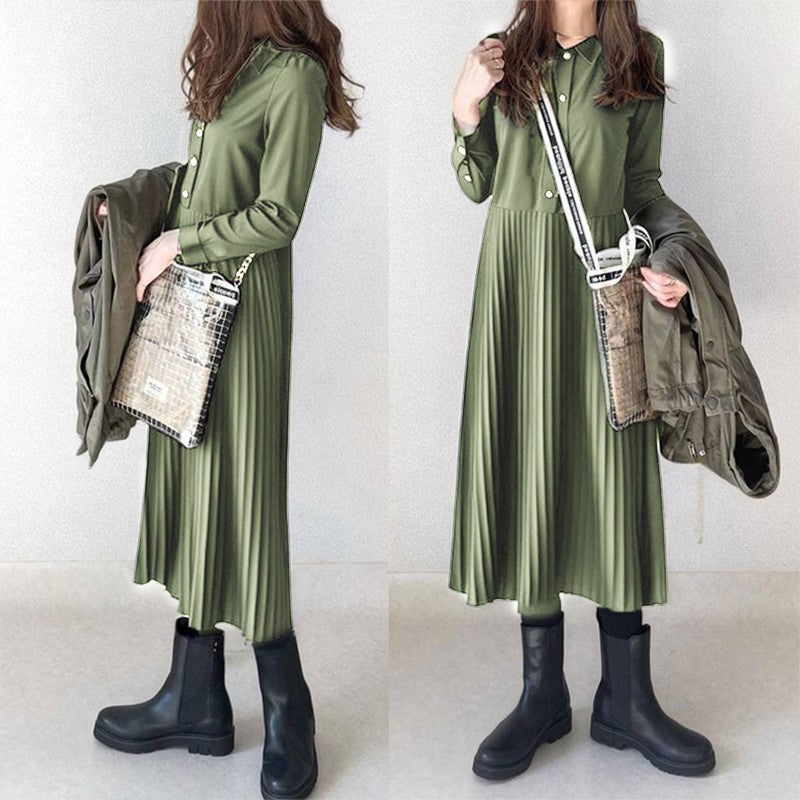 Collared Pleated Patchwork Shirt Dress
