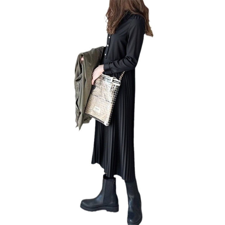 Collared Pleated Patchwork Shirt Dress