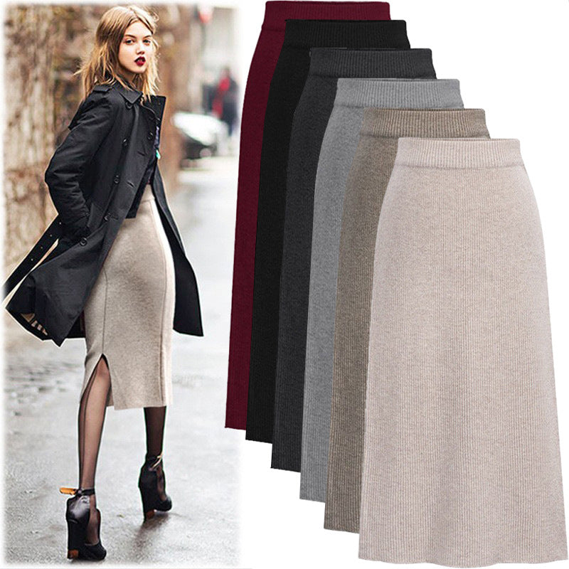 Red Wool Slit Long Skirt