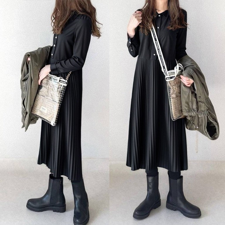 Collared Pleated Patchwork Shirt Dress