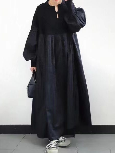 Pleated Diamond Knit Long Dress
