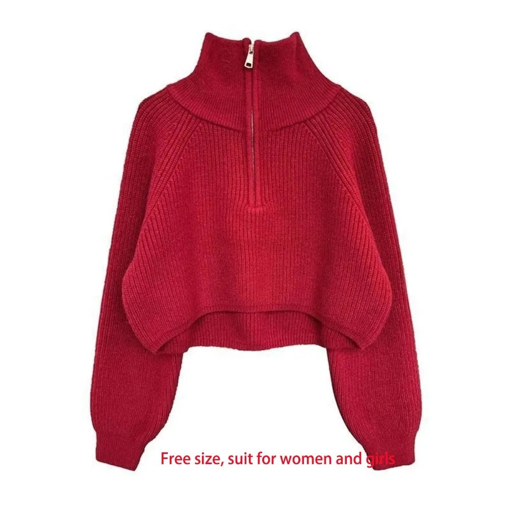 Half-Zip Cropped Waffle Knit Sweater