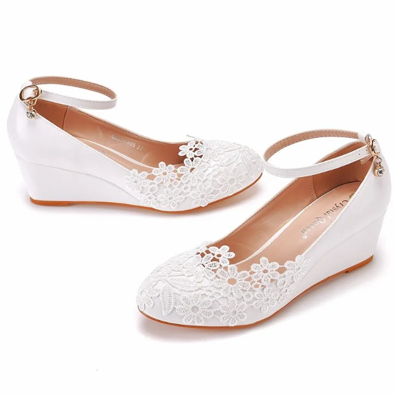 Women's Pearl Lace Wedge Bridal Pumps