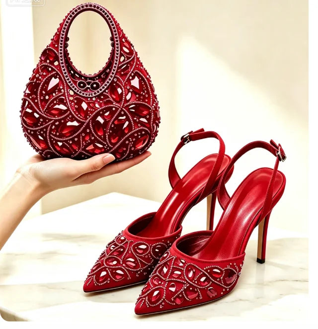 Burgundy Rhinestone Heels & Clutch Set