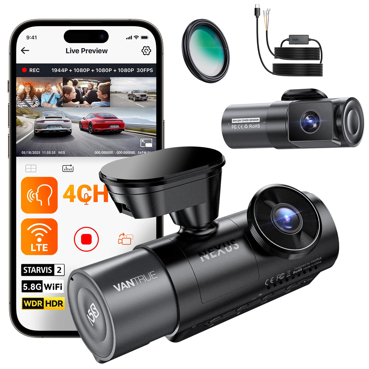 🔄 Vantrue 4-Channel Dash Cam