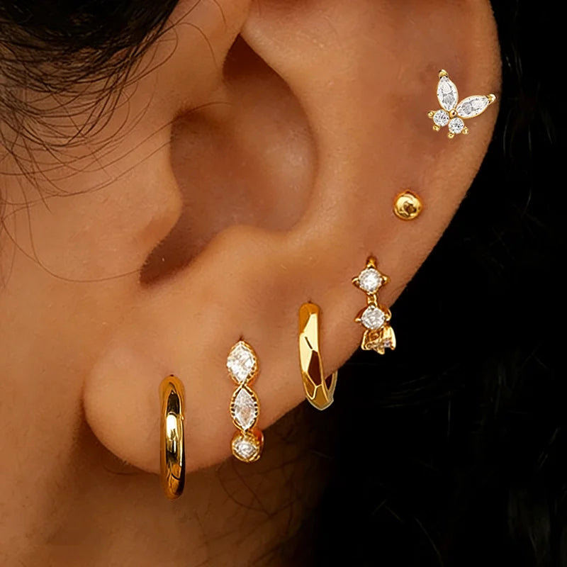 Crystal Huggie & Butterfly Earrings – 6 Pcs