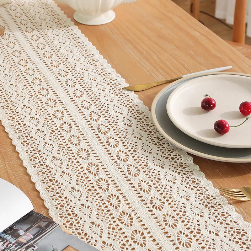 Beige Crochet Lace Table Runner