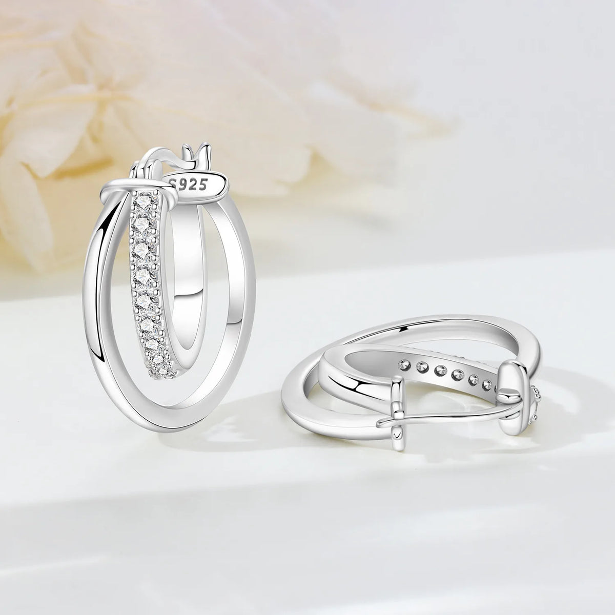 925 Silver Crossed Double Ring Earrings