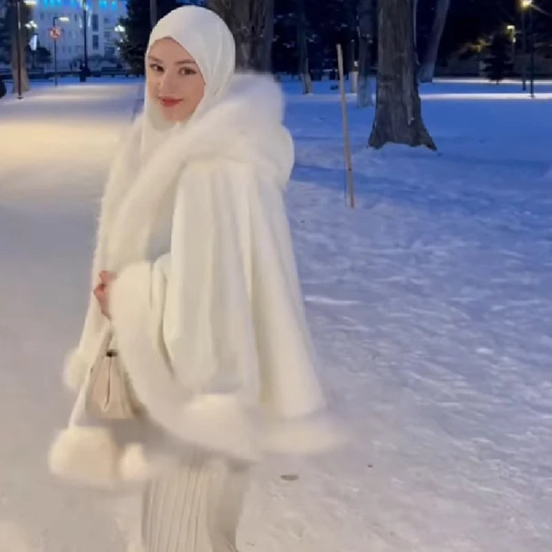 White Furry Trim Hooded Cape
