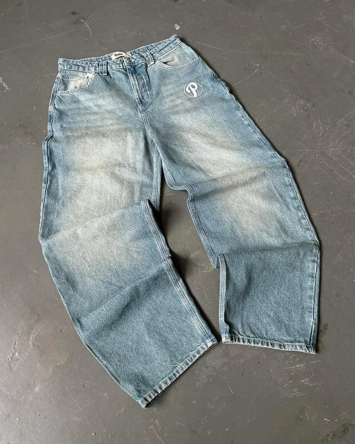 Letter Embroidered Wide-Leg Jeans