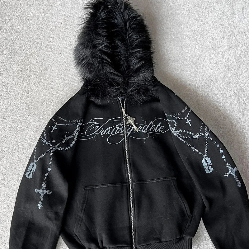 Gothic Print Zip-Up Hoodie