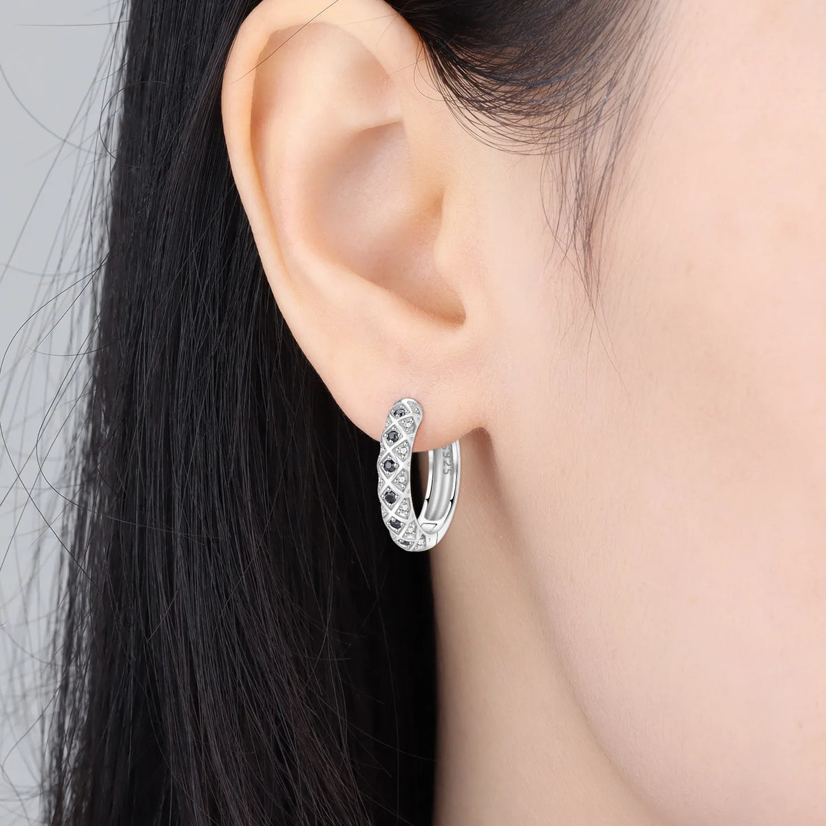 925 Silver Black & White Checkered Hoops