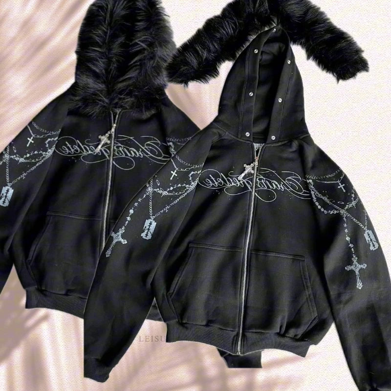 Gothic Print Zip-Up Hoodie