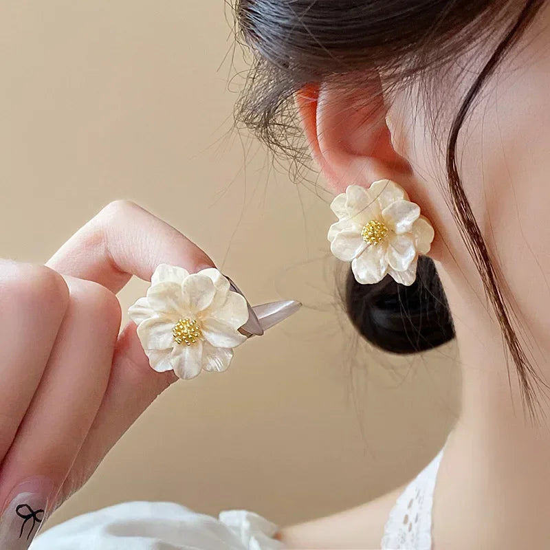 White Camellia Flower Stud Earrings