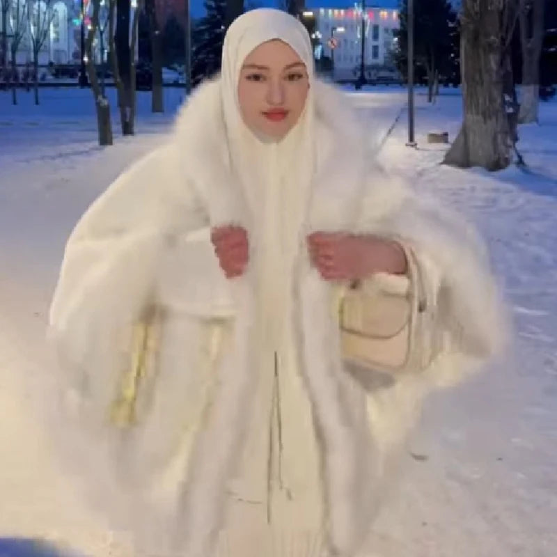 White Furry Trim Hooded Cape