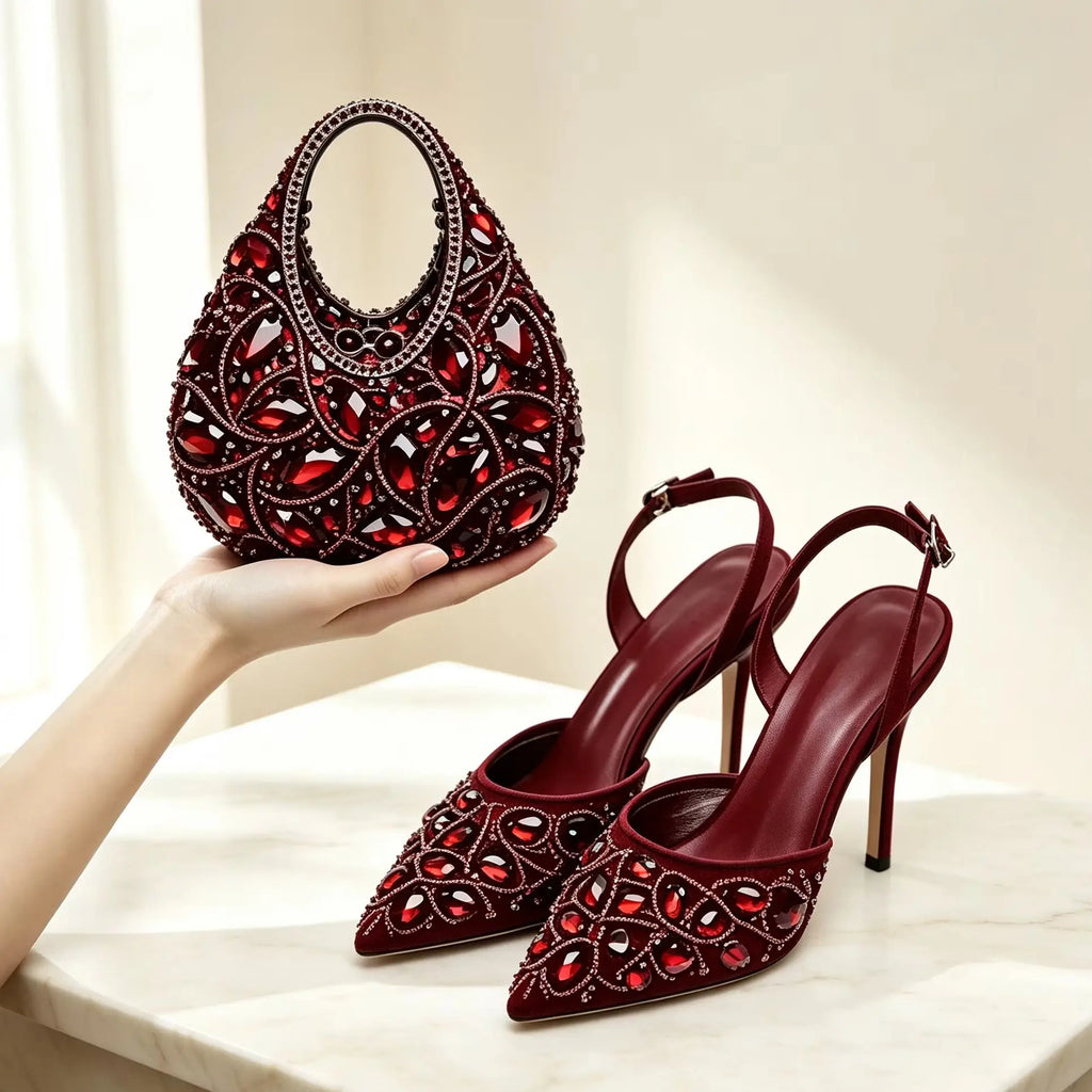 Burgundy Rhinestone Heels & Clutch Set