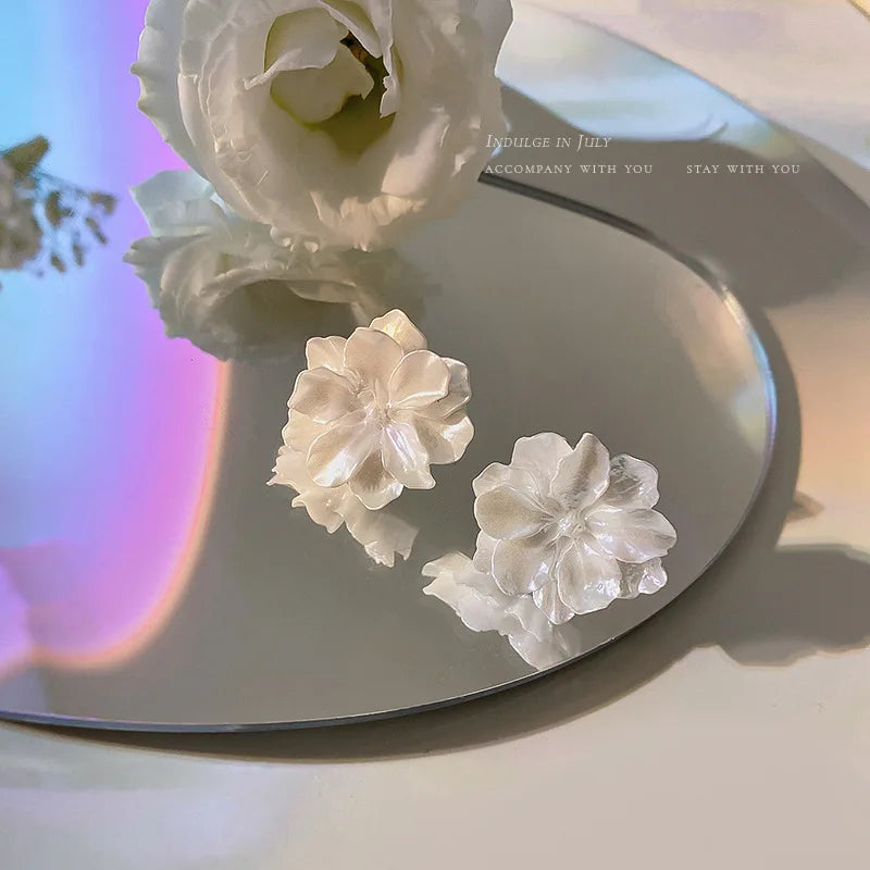 White Camellia Flower Stud Earrings
