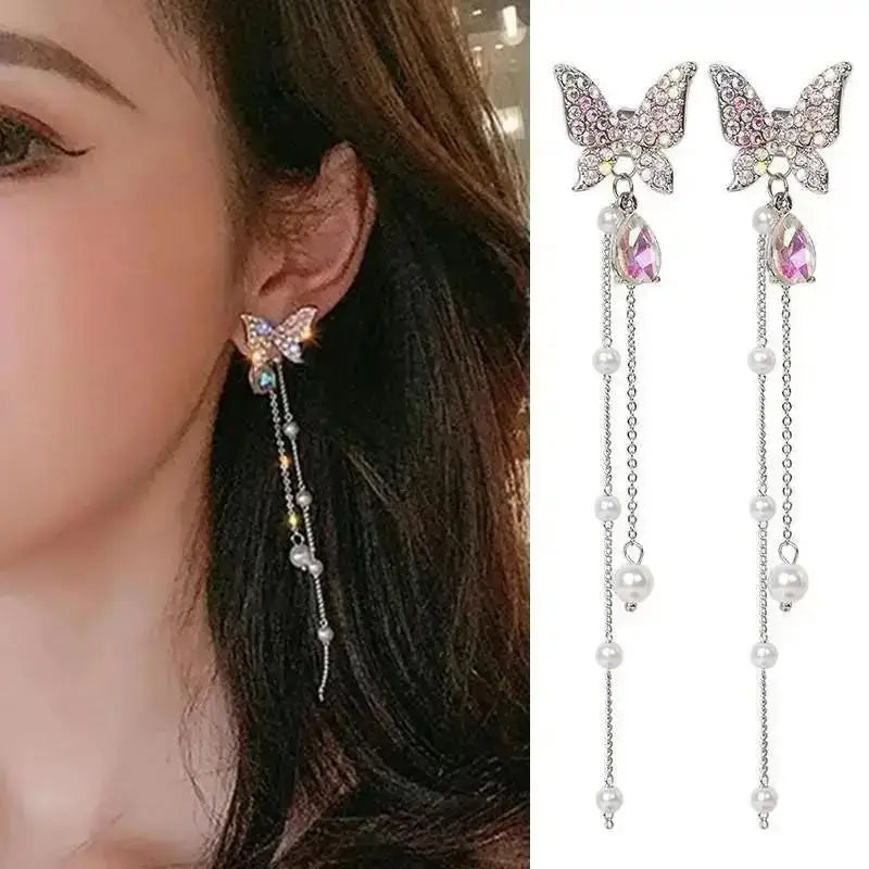 Zircon Pearl Tassel Earrings