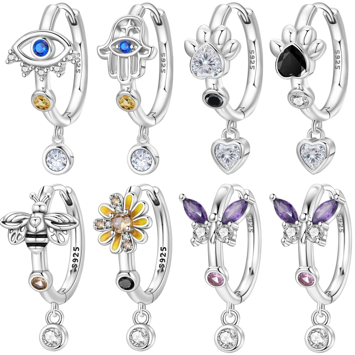 925 Silver Evil Eye Hamsa Drop Earrings