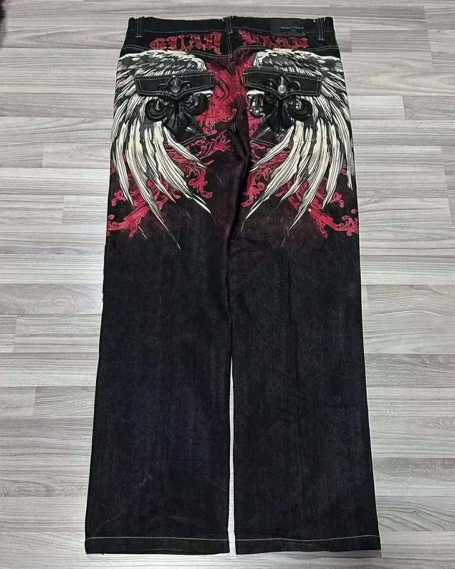 Letter Embroidered Wide-Leg Jeans