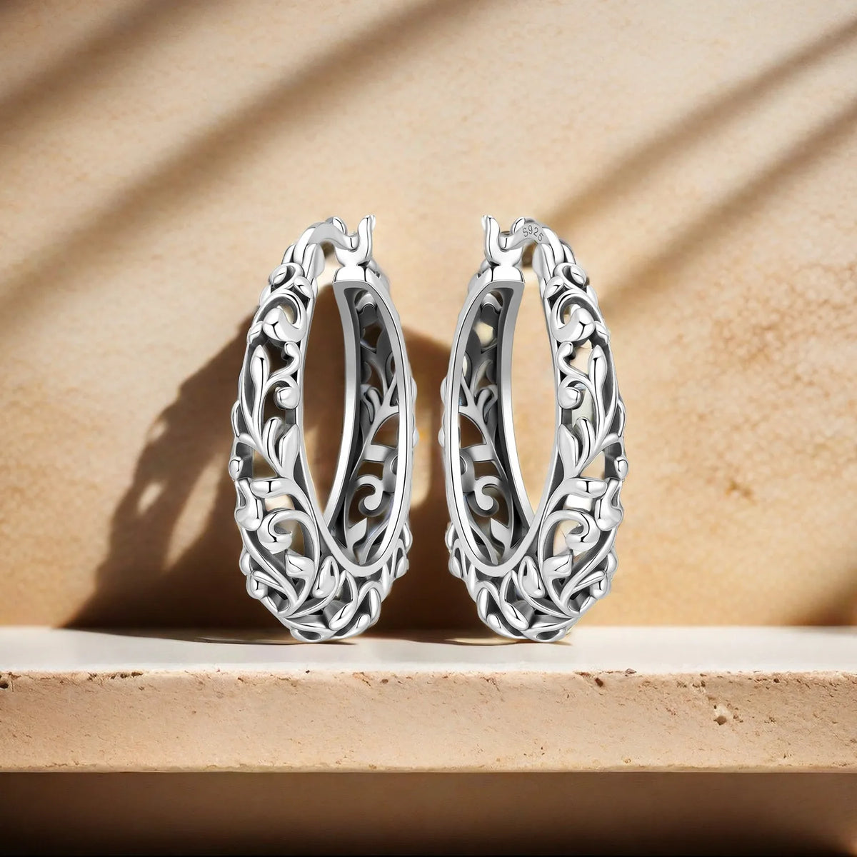 925 Silver Vintage Vine Hoop Earrings