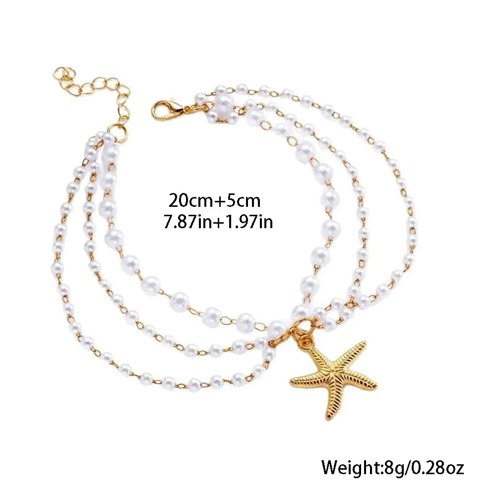 Layered Starfish Pearl Tassel Anklet