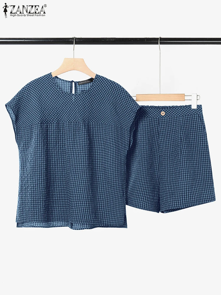 Plaid Blouse & Shorts Set