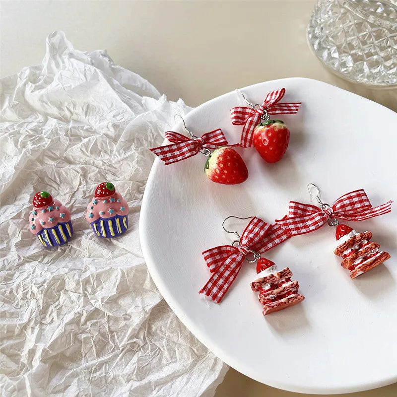 Sweet Strawberry Bow Drop Earrings