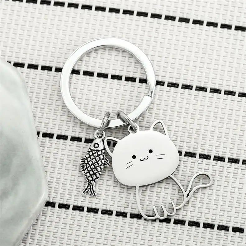 Stainless Steel Cat & Fish Keychain
