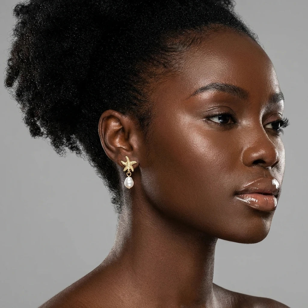 Gold Starfish & Shell Pearl Earrings