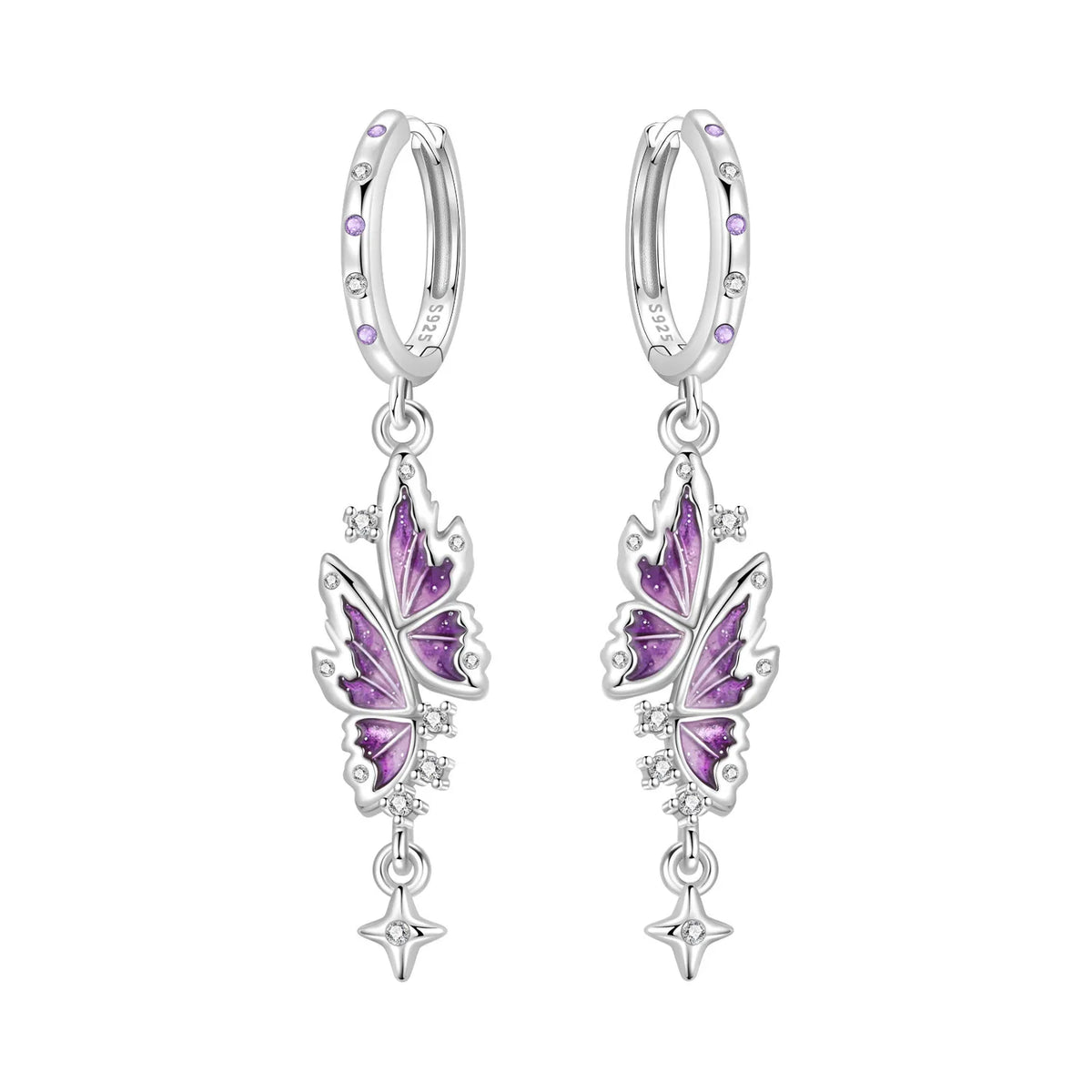925 Silver Purple Butterfly Tassel Earrings