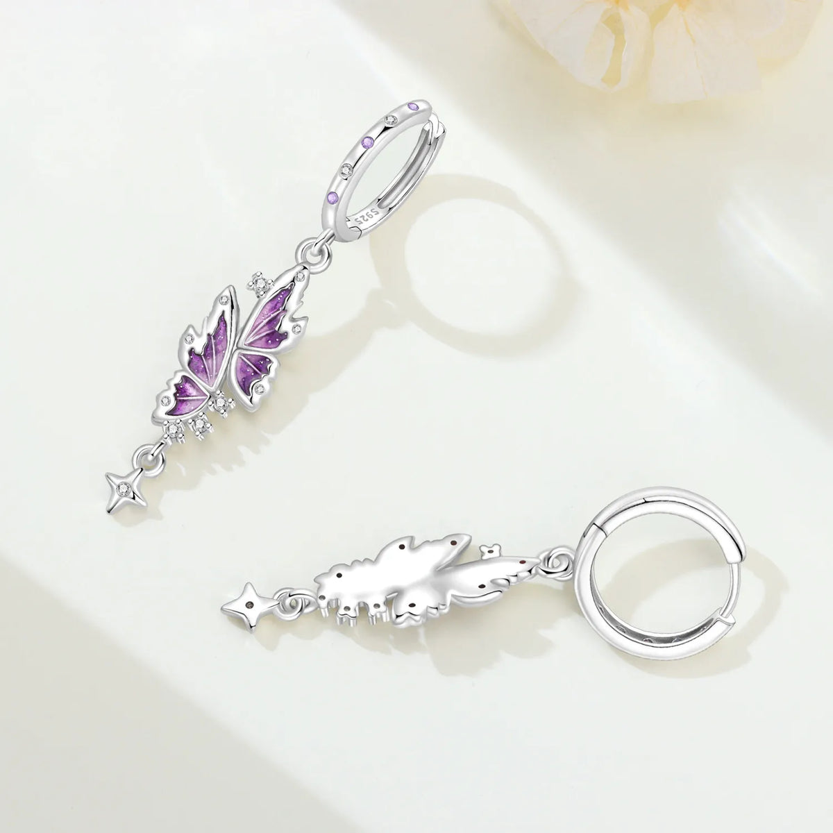 925 Silver Purple Butterfly Tassel Earrings