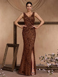 V-Neck Slit Sequin Mermaid Gown