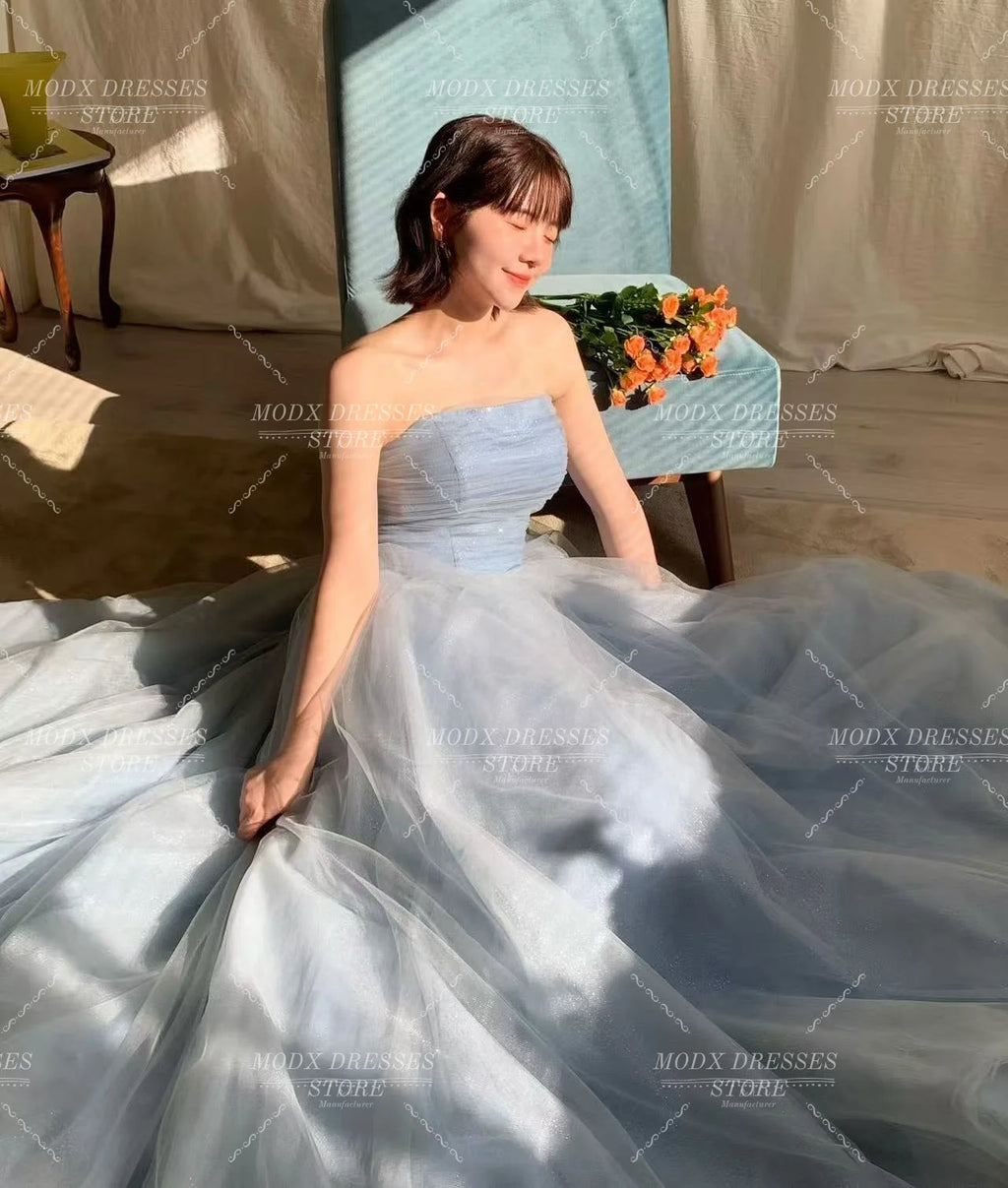 Sky Blue Tulle A-Line Evening Dress