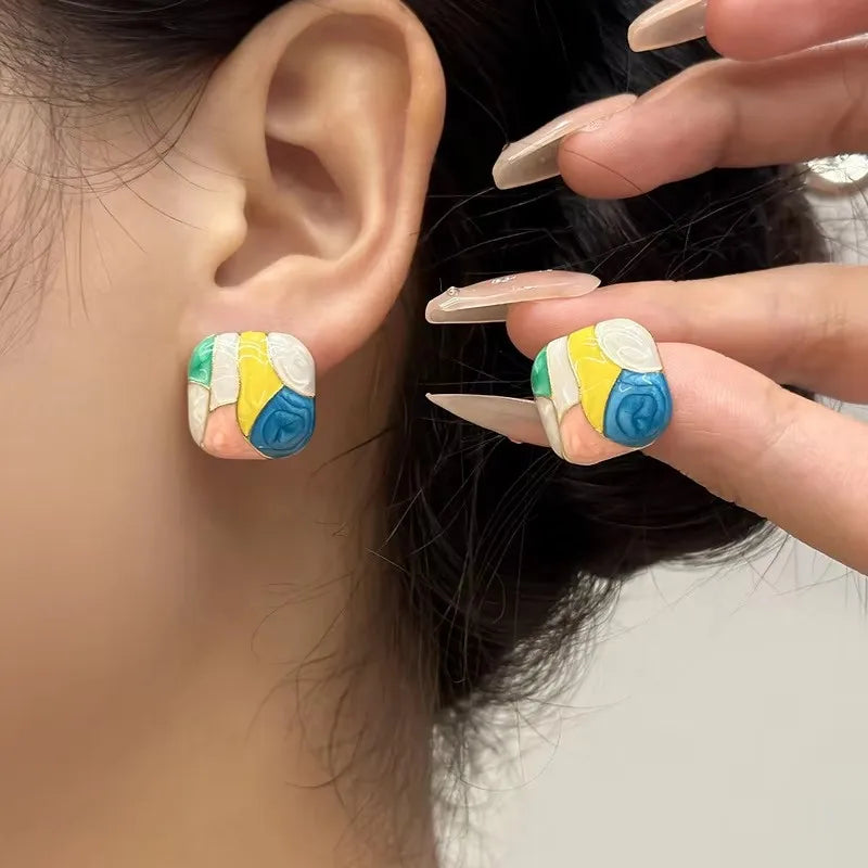 Colorful Enamel Grid Square Studs