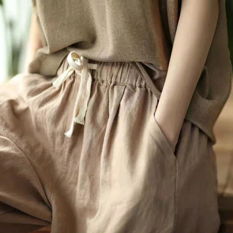 Cotton Linen Lace-Up Ankle Pants